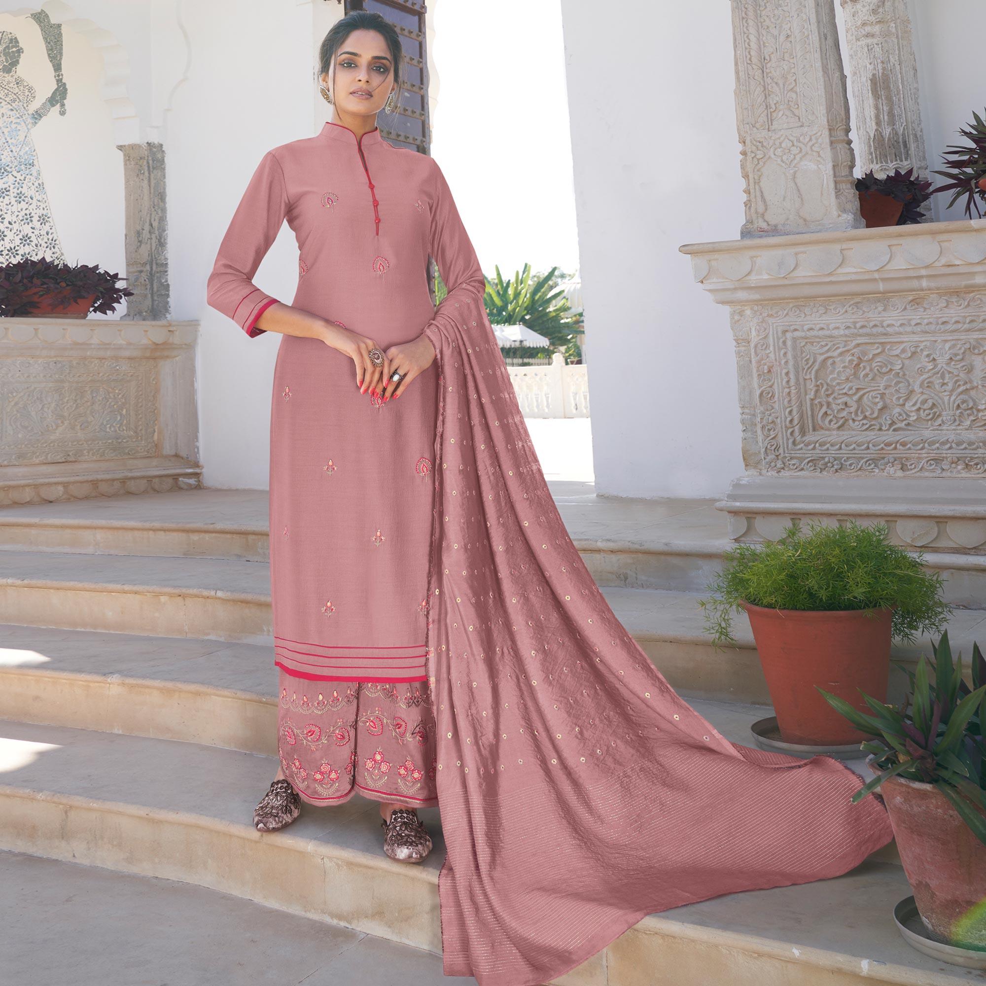Mauve Casual Wear Embroidered Pure Modal Viscose Palazzo Suit - Peachmode