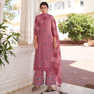 Mauve Casual Wear Embroidered Pure Modal Viscose Palazzo Suit - Peachmode