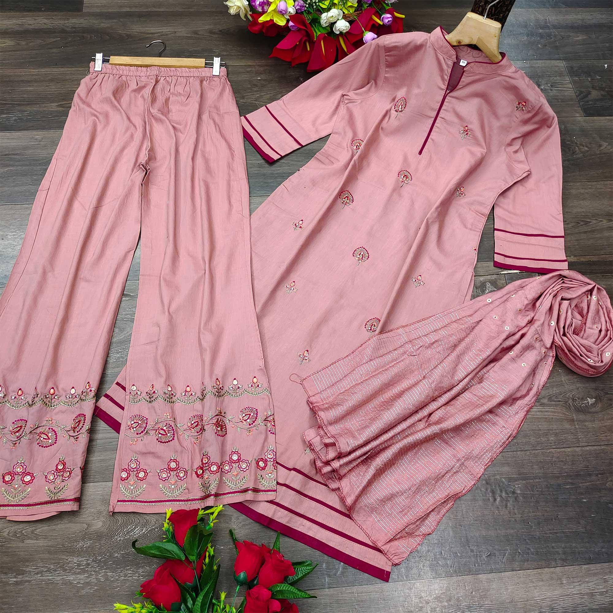 Mauve Casual Wear Embroidered Pure Modal Viscose Palazzo Suit - Peachmode