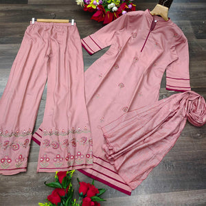 Mauve Casual Wear Embroidered Pure Modal Viscose Palazzo Suit - Peachmode