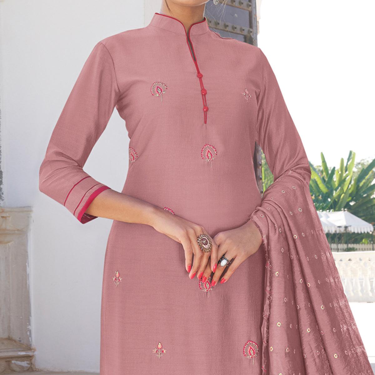 Mauve Casual Wear Embroidered Pure Modal Viscose Palazzo Suit - Peachmode