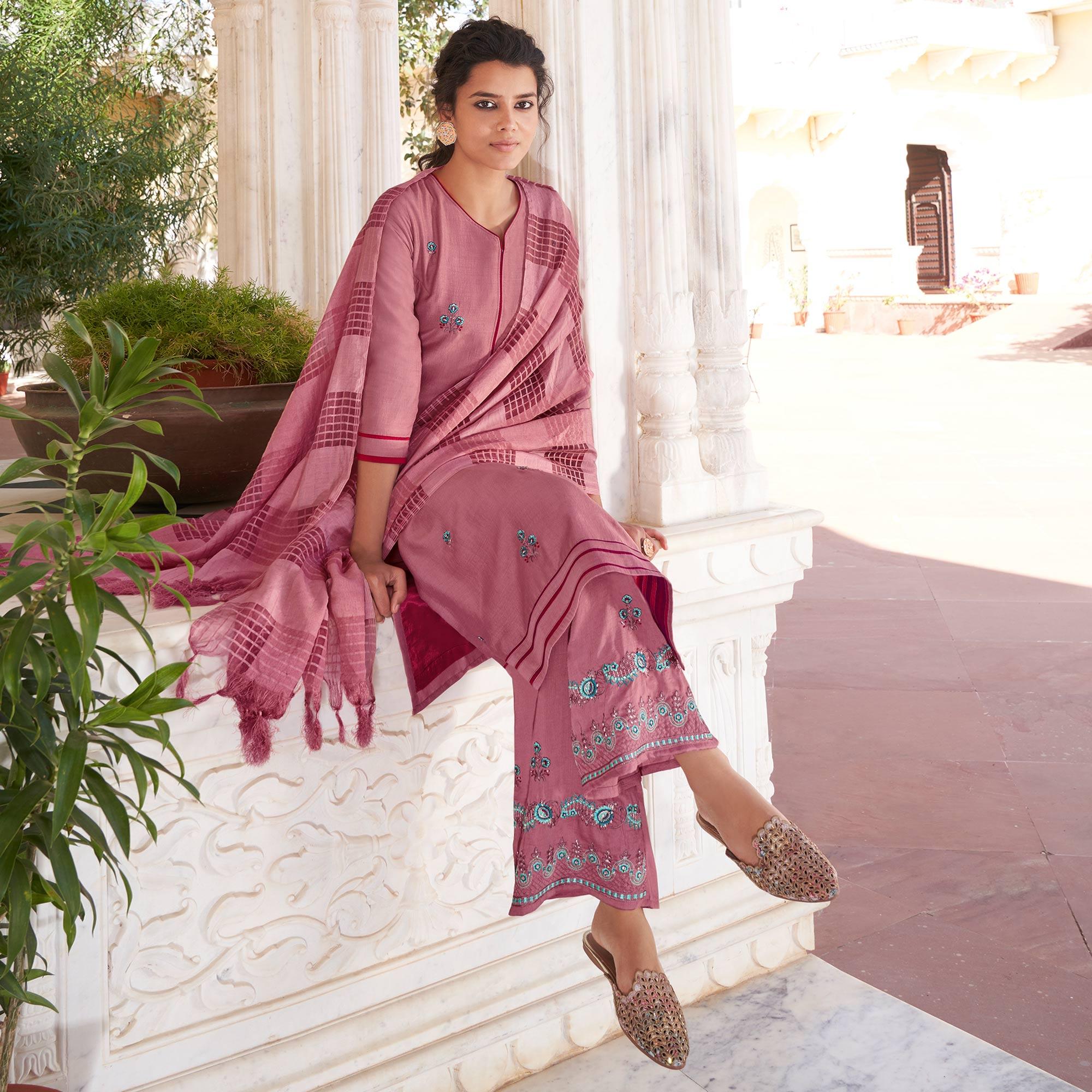 Mauve Casual Wear Embroidered Pure Modal Viscose Palazzo Suit - Peachmode