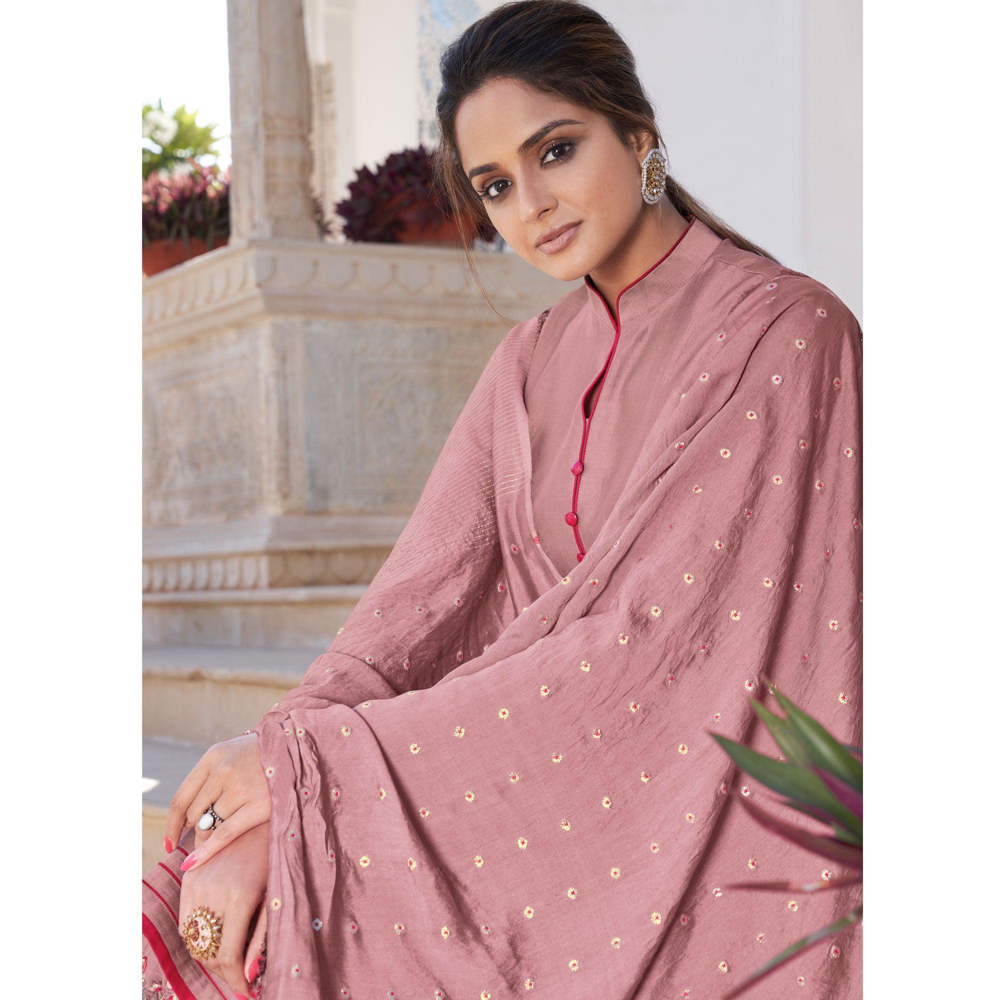 Mauve Casual Wear Embroidered Pure Modal Viscose Palazzo Suit - Peachmode