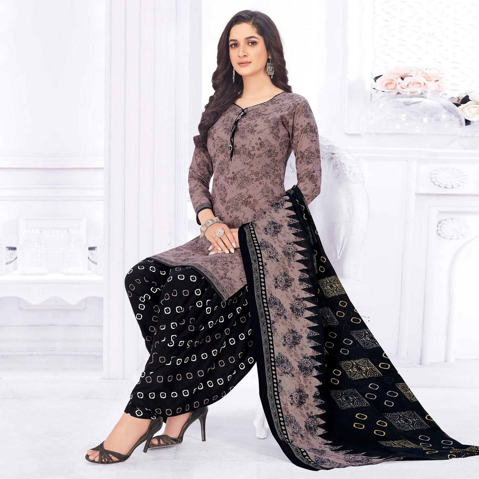 Mauve Casual Wear Printed Cotton Dress Material - Peachmode