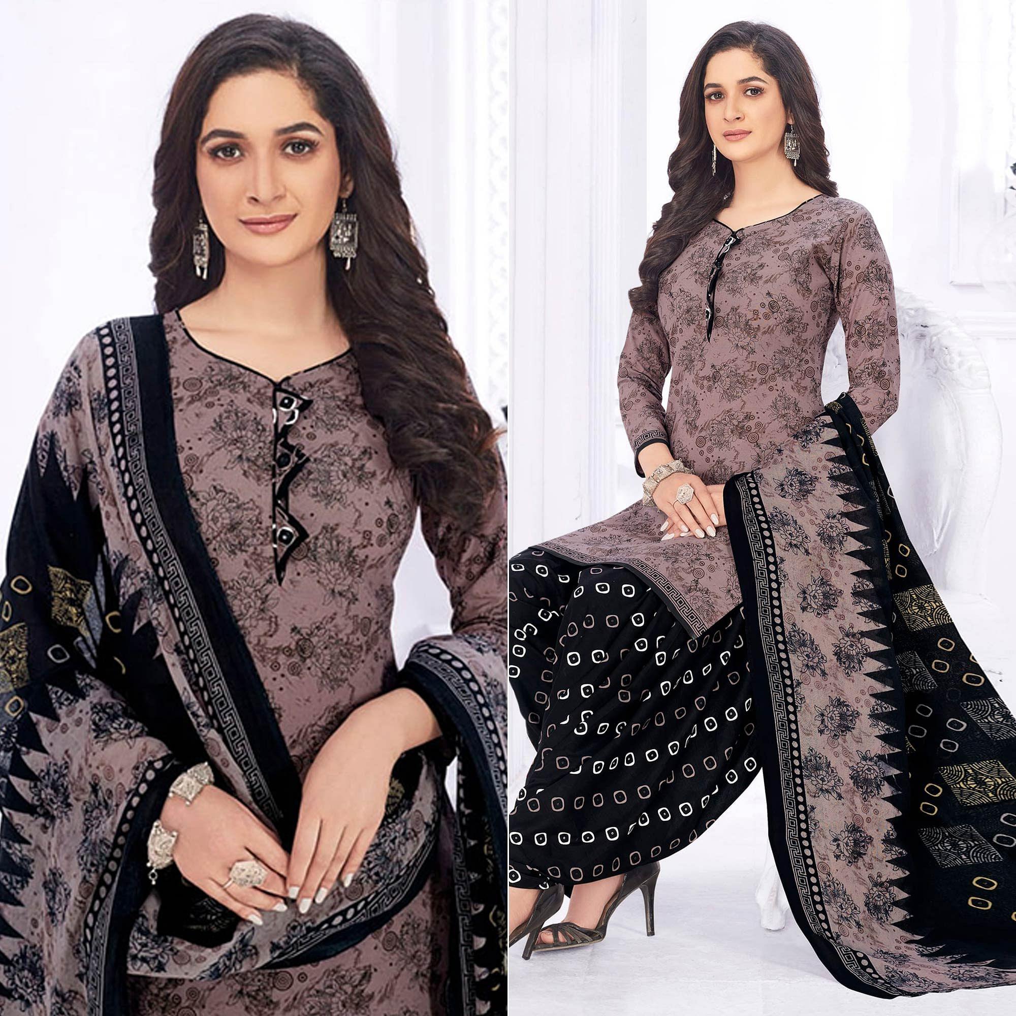 Mauve Casual Wear Printed Cotton Dress Material - Peachmode