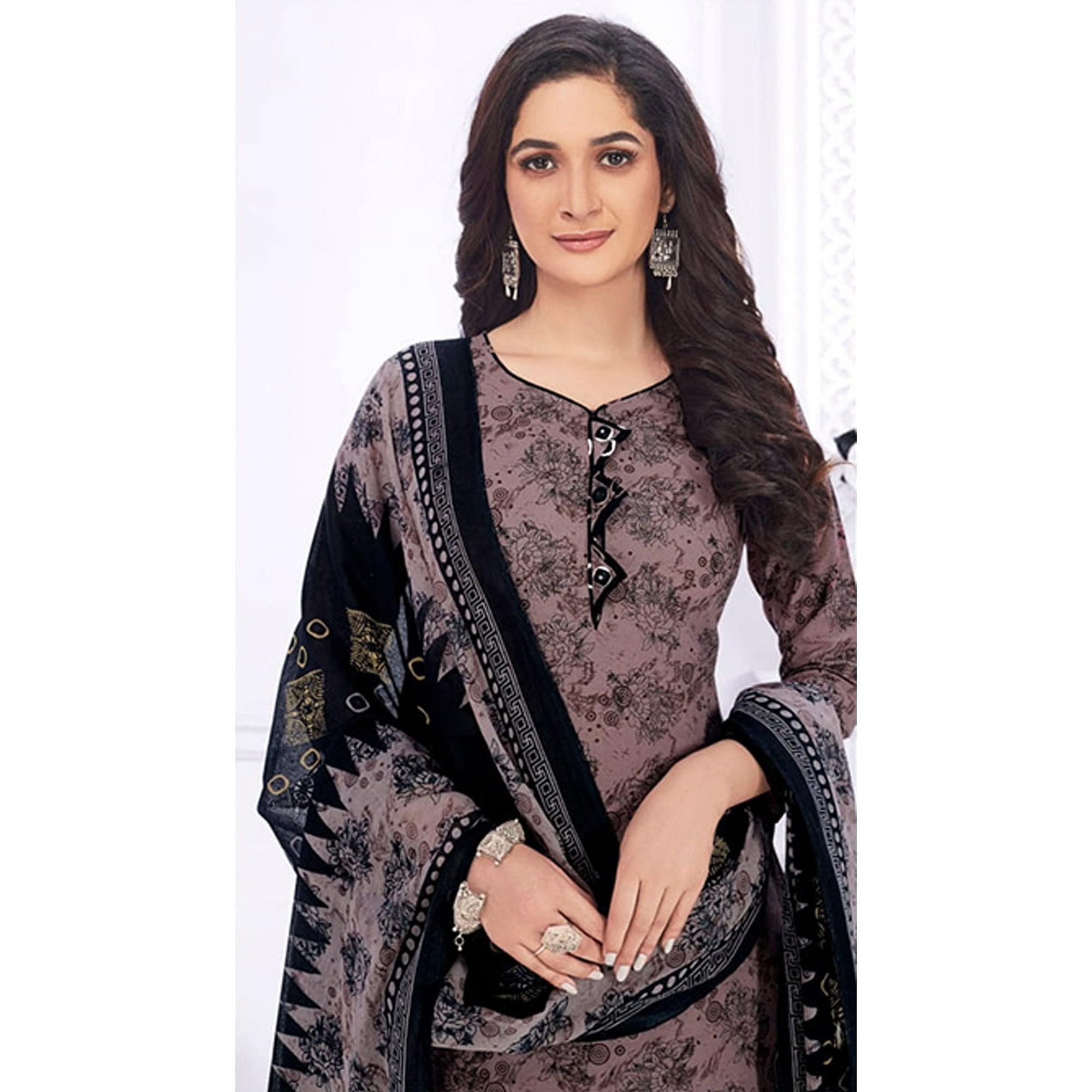 Mauve Casual Wear Printed Cotton Dress Material - Peachmode