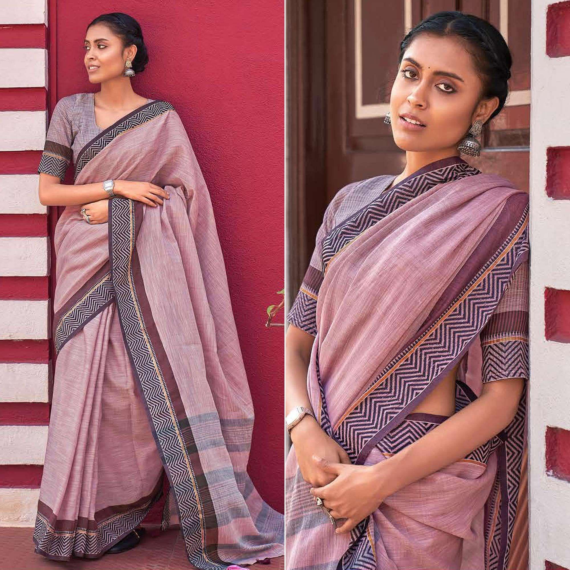 Mauve Casual Wear Solid Linen Saree - Peachmode