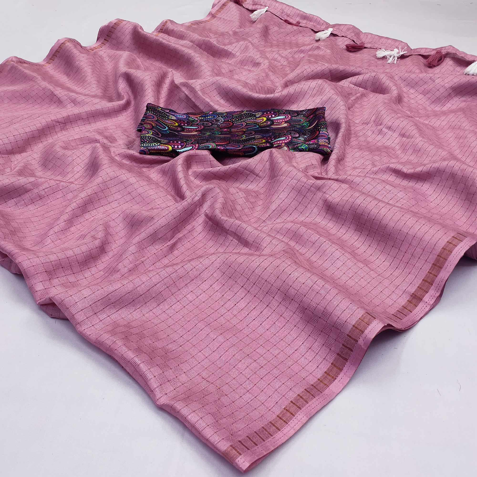 Mauve Checks Printed Jute Saree - Peachmode