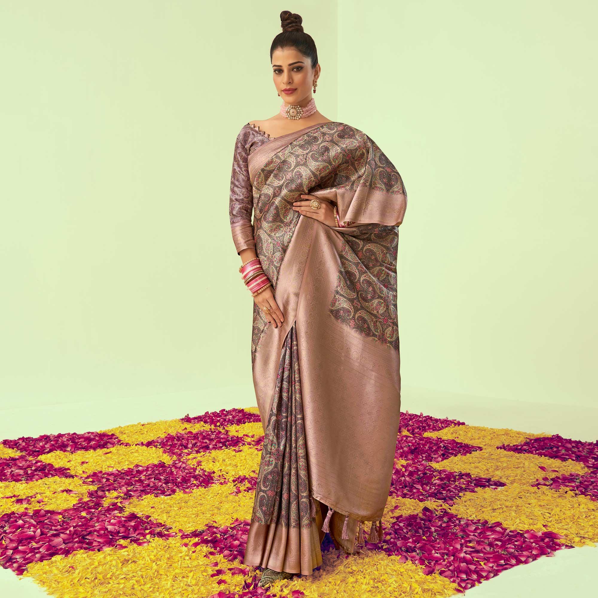 Mauve Digital Printed Art Silk Saree With Tassels - Peachmode