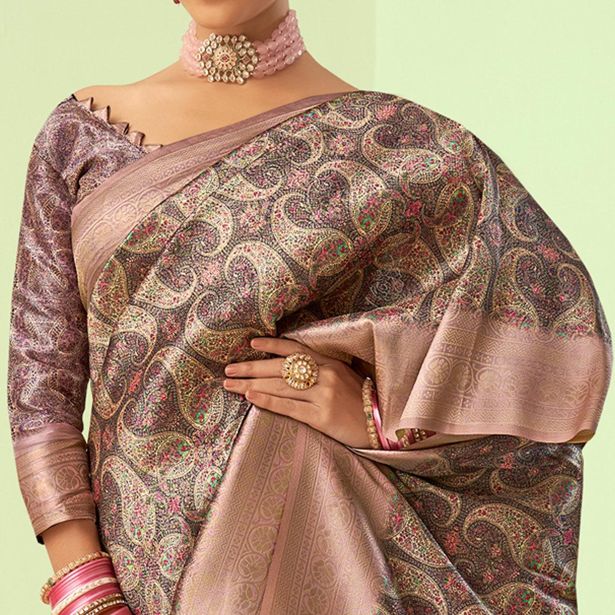 Mauve Digital Printed Art Silk Saree With Tassels - Peachmode