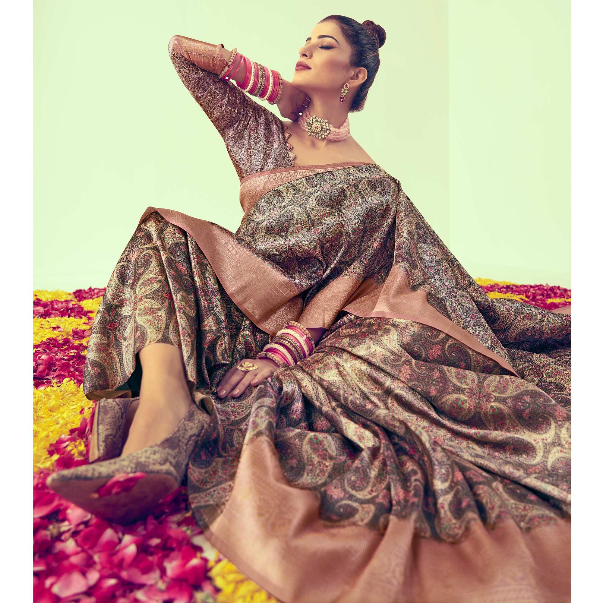 Mauve Digital Printed Art Silk Saree With Tassels - Peachmode