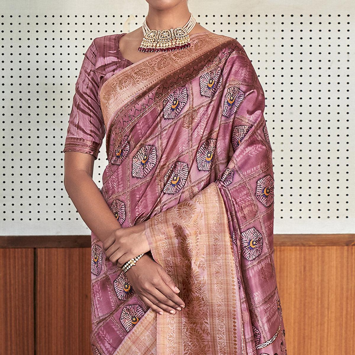 Mauve Digital Printed Art Silk Saree With Tassels - Peachmode