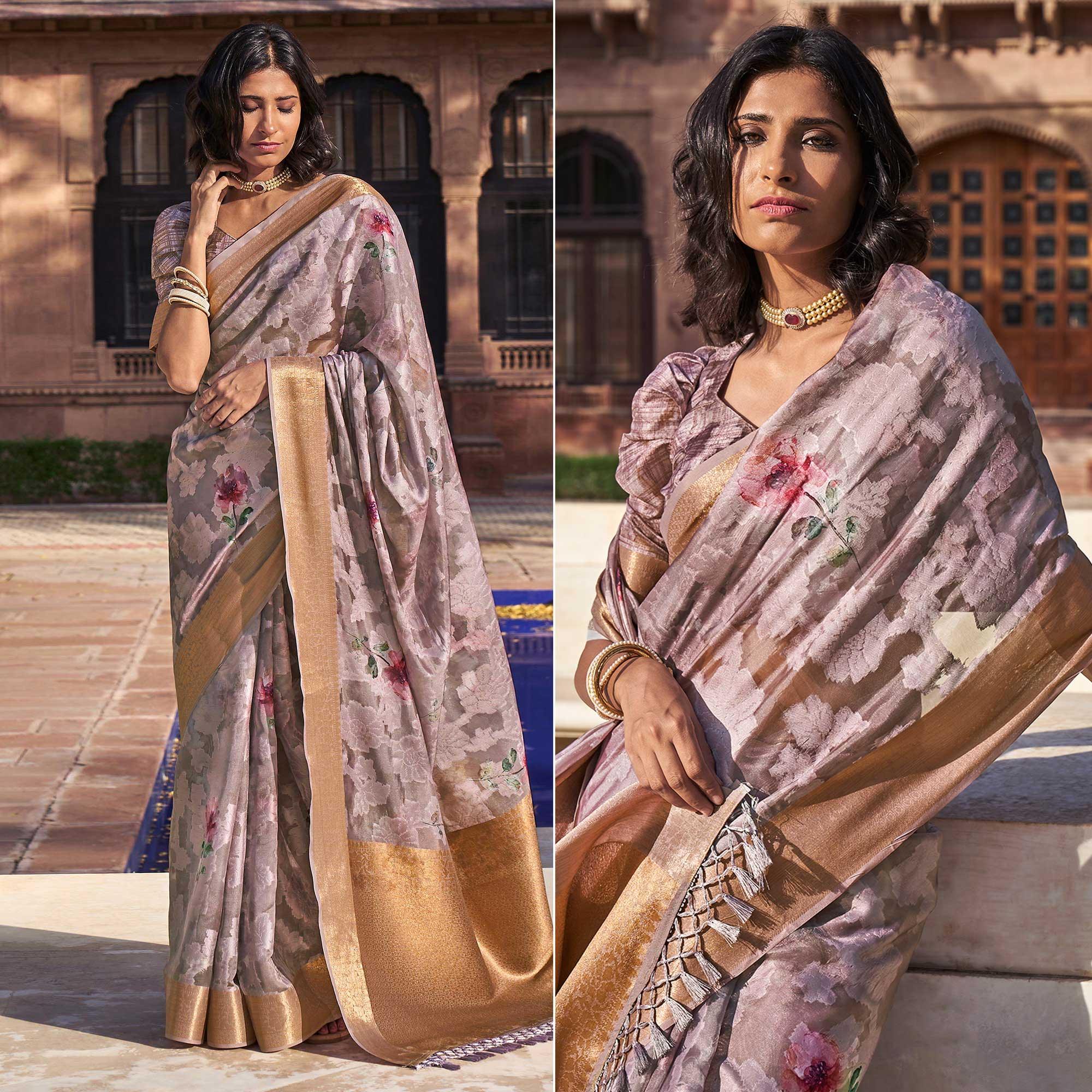 Mauve Digital Printed Poly Cotton Saree - Peachmode