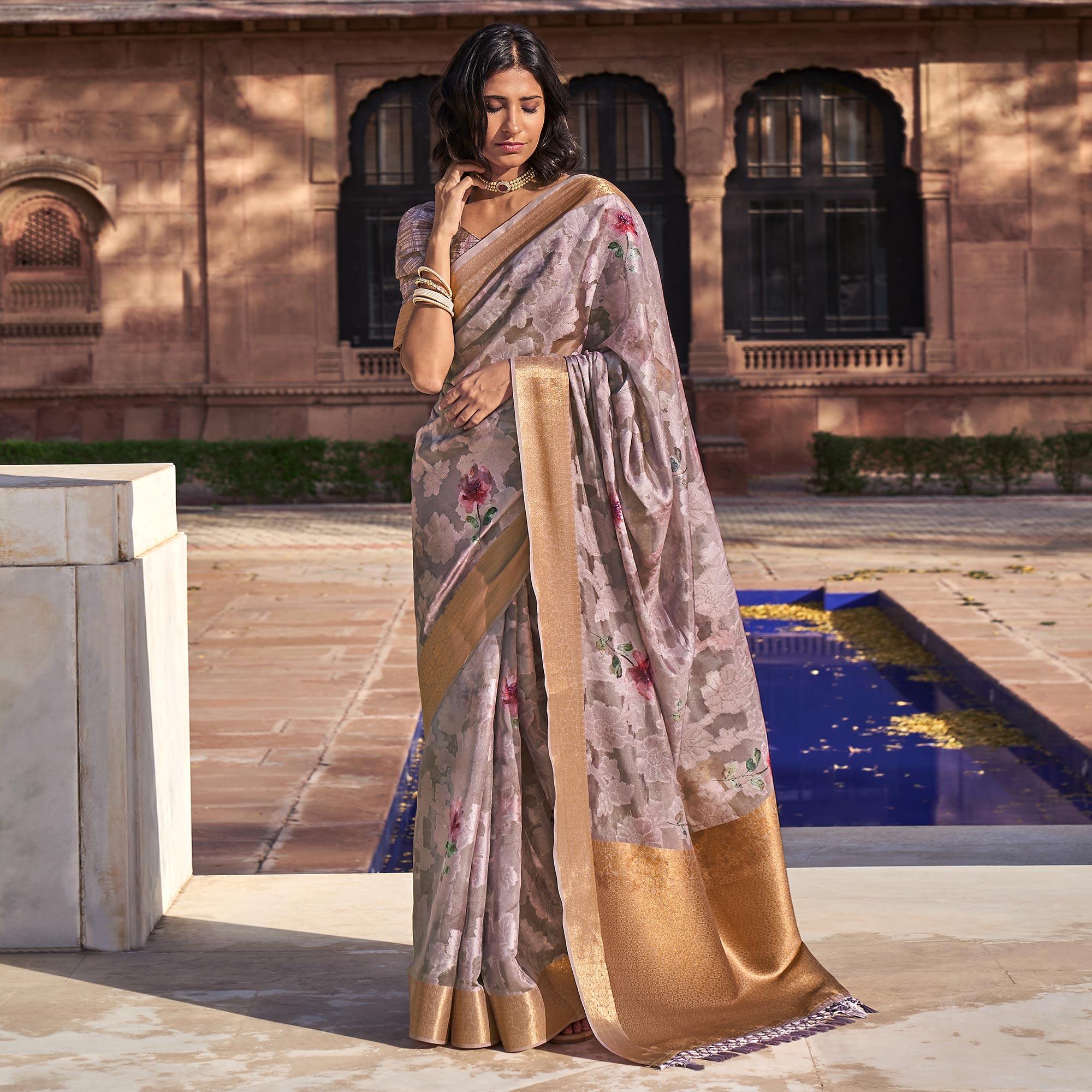 Mauve Digital Printed Poly Cotton Saree - Peachmode
