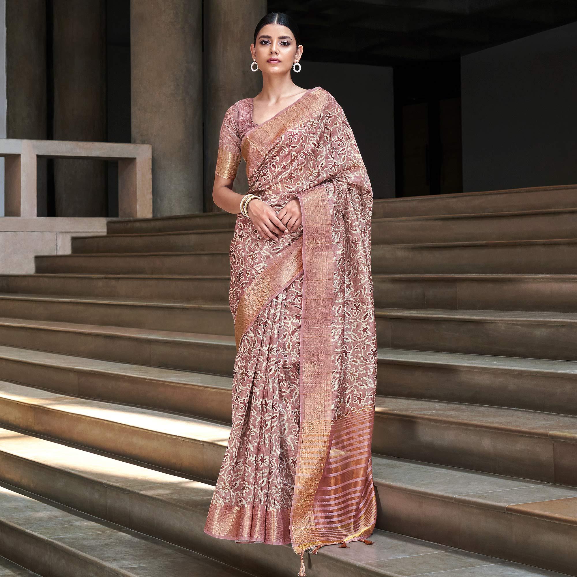 Mauve Digital Printed-Woven Art Silk Saree With Tassels - Peachmode