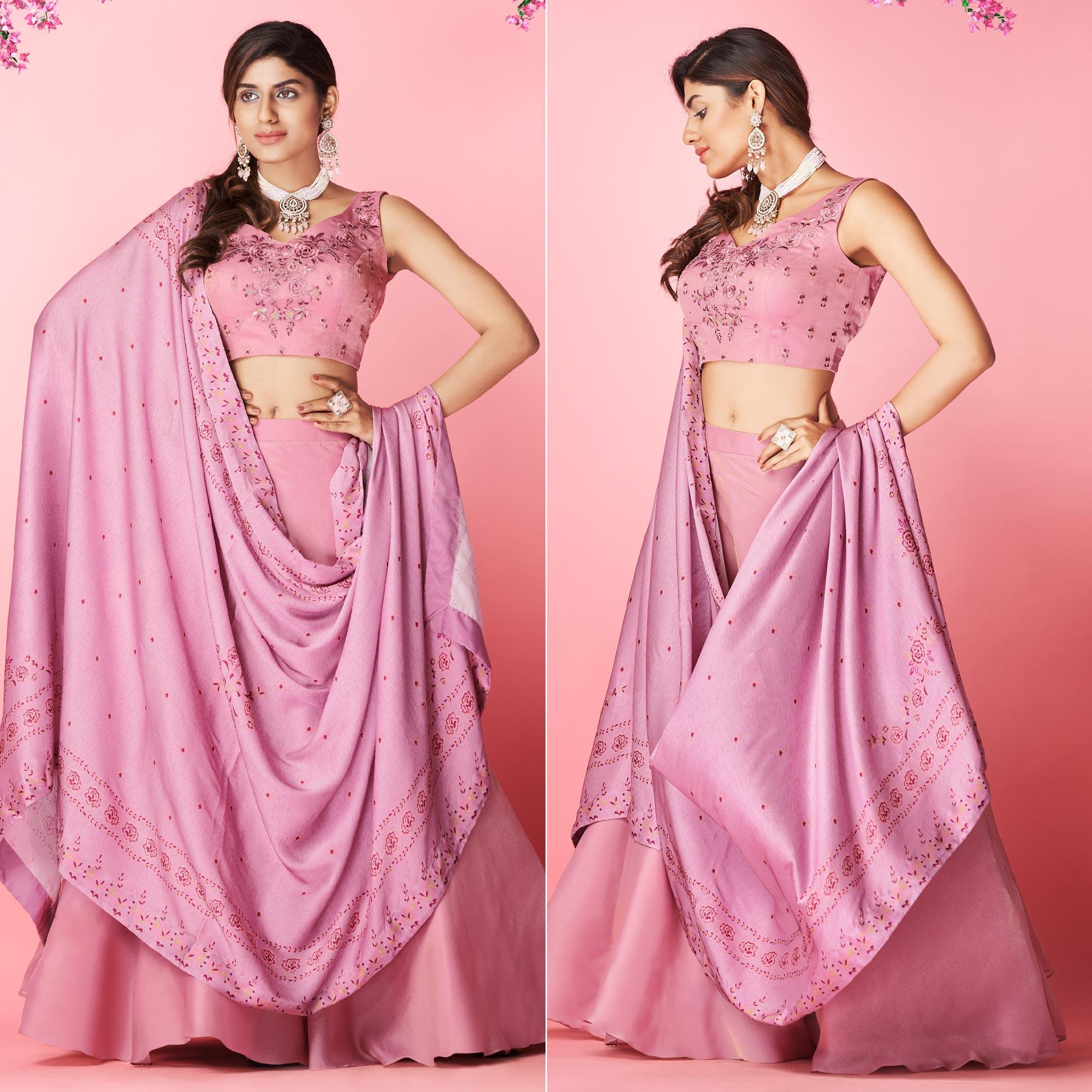 Mauve Embellished With Embroidered Chiffon Lehenga Choli - Peachmode