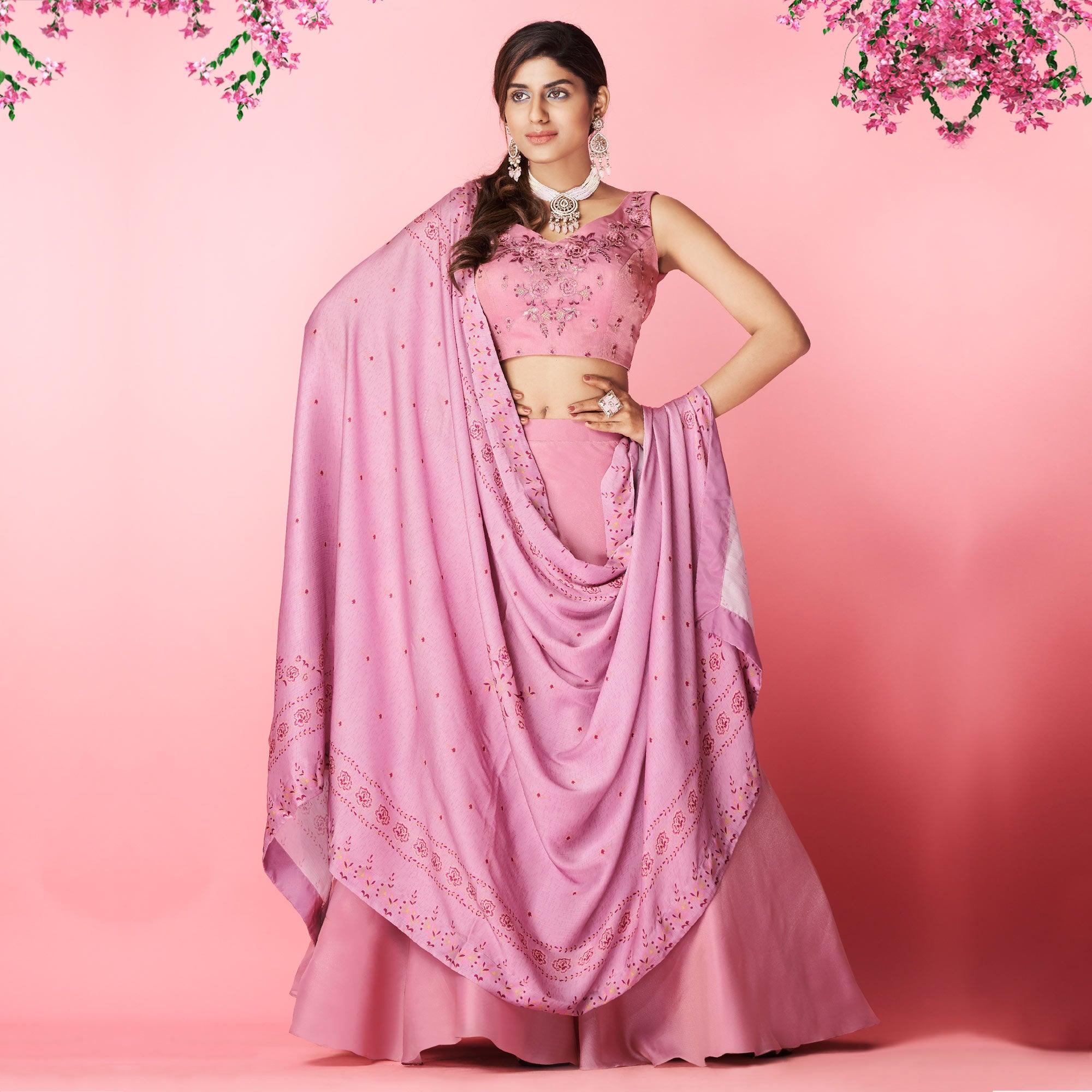 Mauve Embellished With Embroidered Chiffon Lehenga Choli - Peachmode