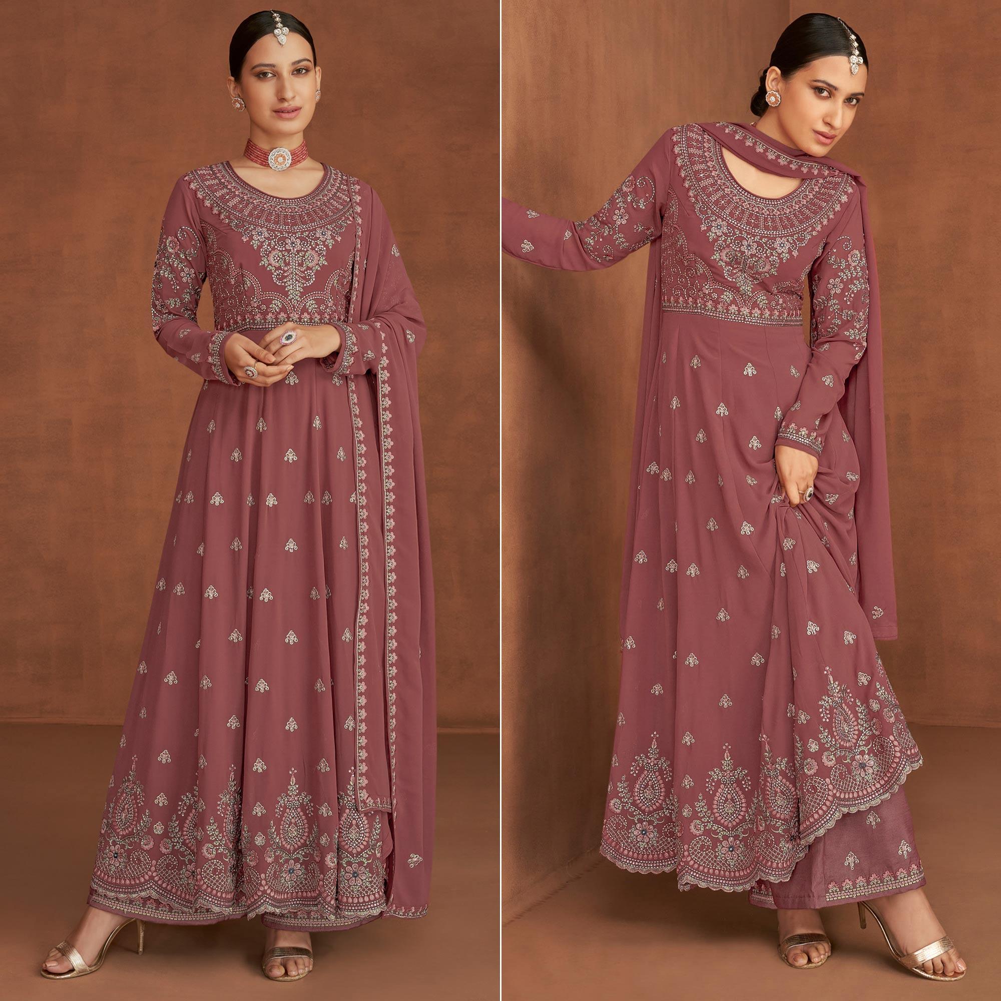 Mauve Embellished With Embroidered Georgette Palazzo Suit - Peachmode