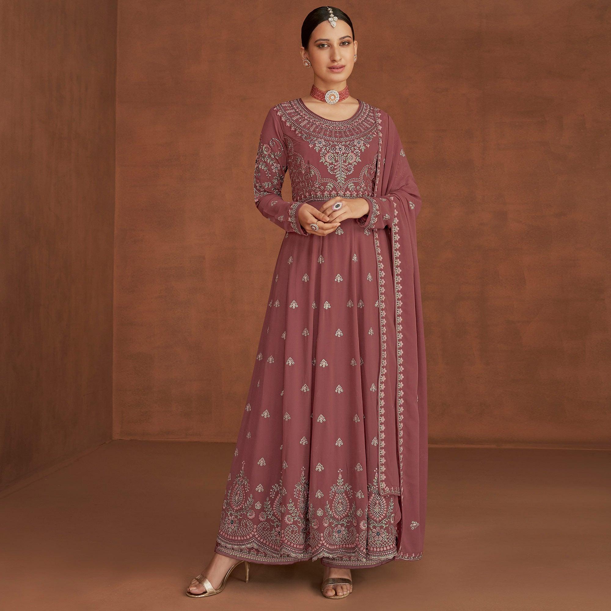 Mauve Embellished With Embroidered Georgette Palazzo Suit - Peachmode