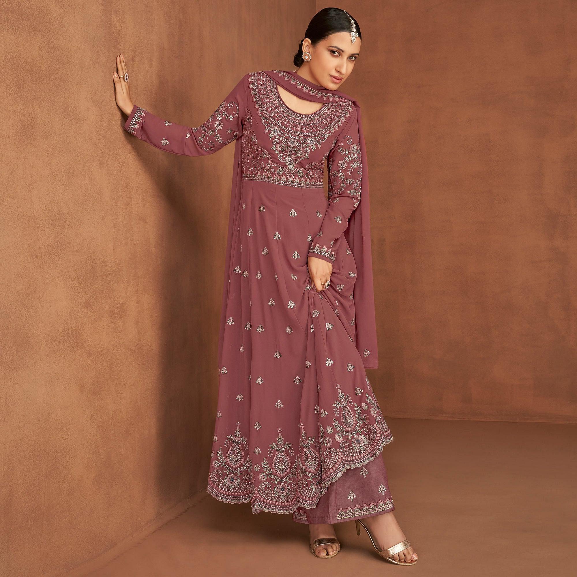 Mauve Embellished With Embroidered Georgette Palazzo Suit - Peachmode