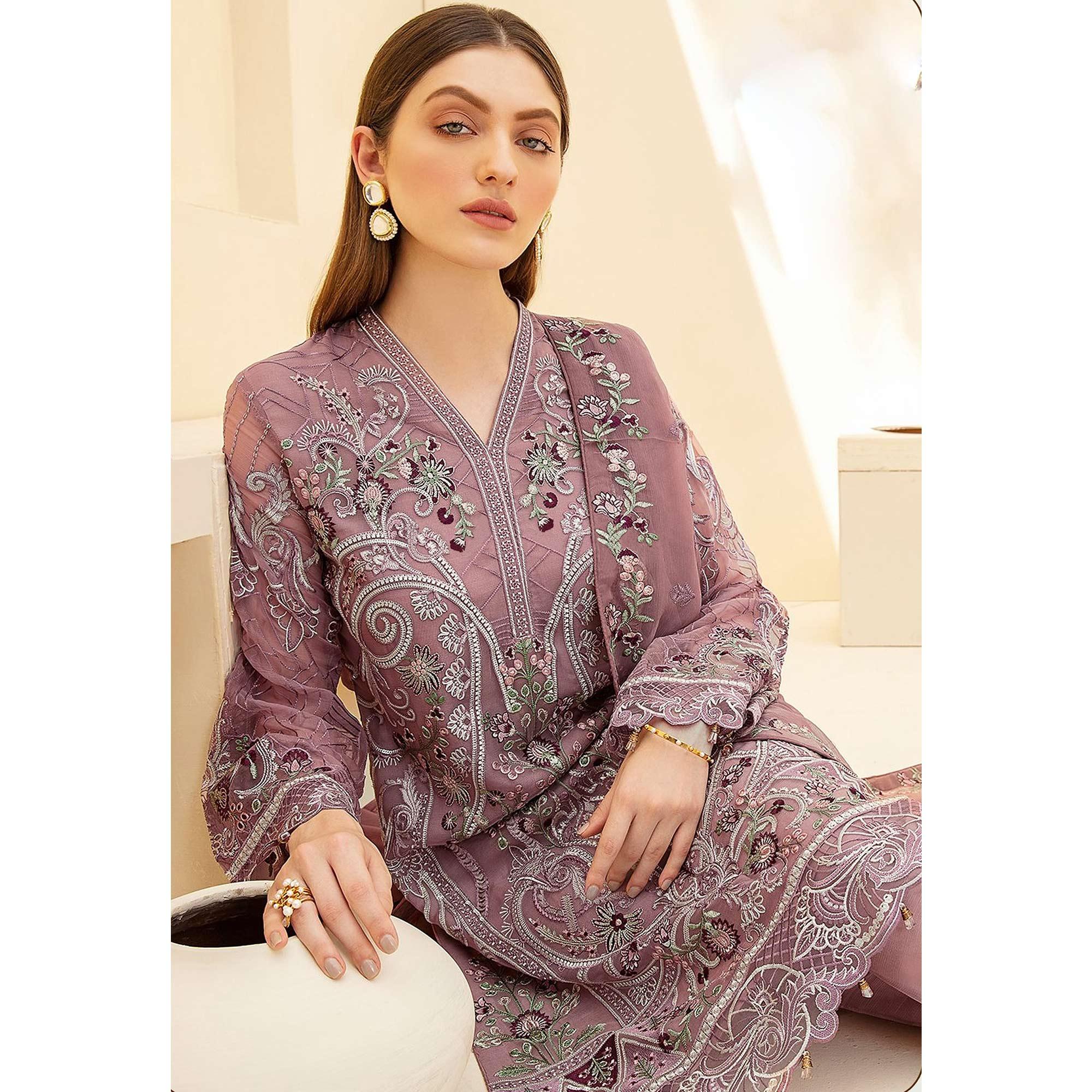Mauve Embellished With Embroidered Georgette Palazzo Suit - Peachmode