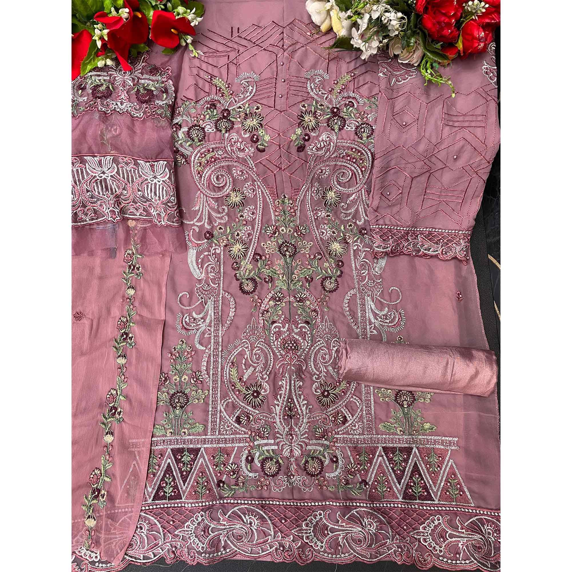 Mauve Embellished With Embroidered Georgette Palazzo Suit - Peachmode