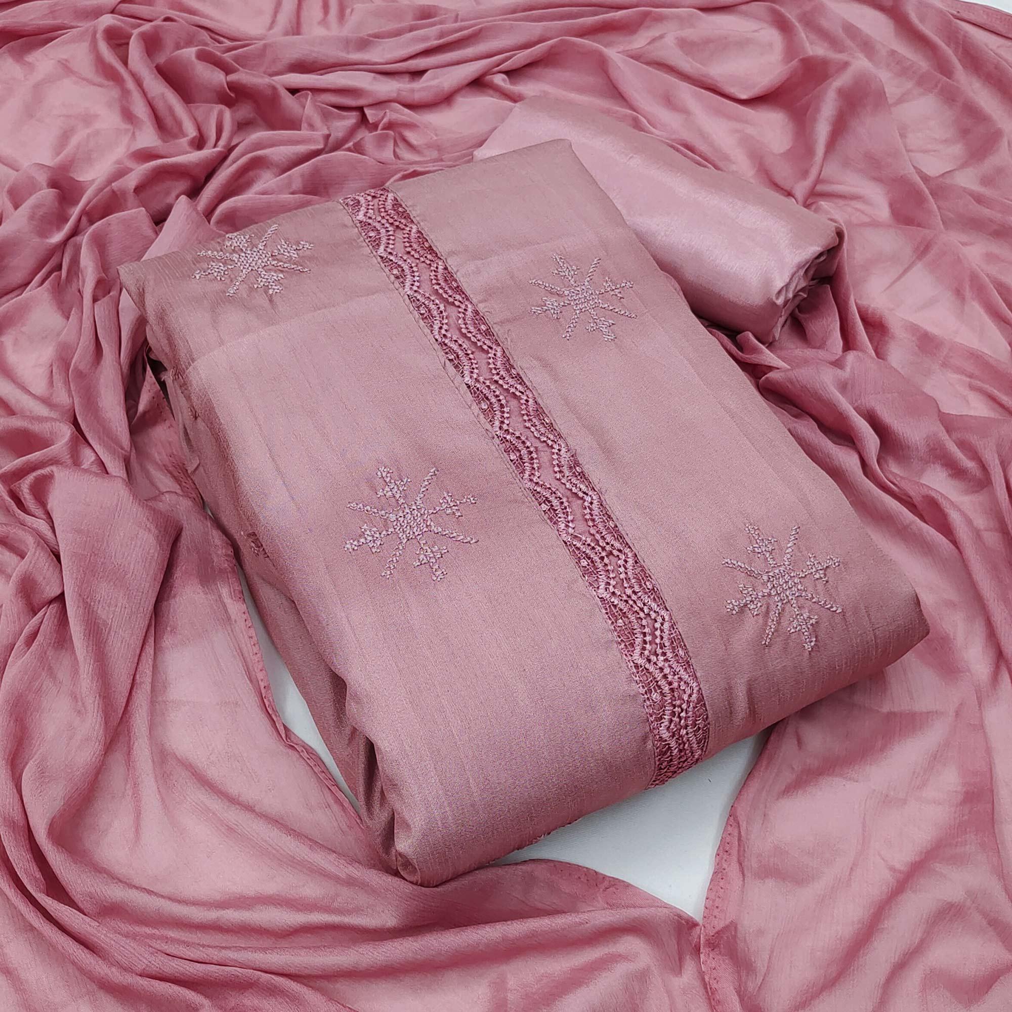 Mauve Embroidered Art Silk Dress Material - Peachmode