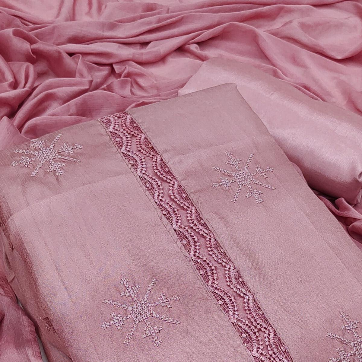 Mauve Embroidered Art Silk Dress Material - Peachmode