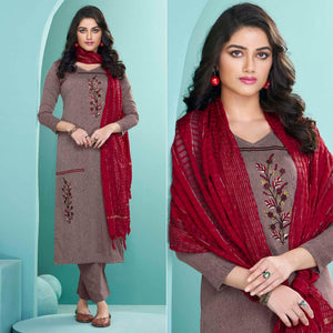 Mauve Embroidered Cotton Kurti Pant Set With Dupatta - Peachmode