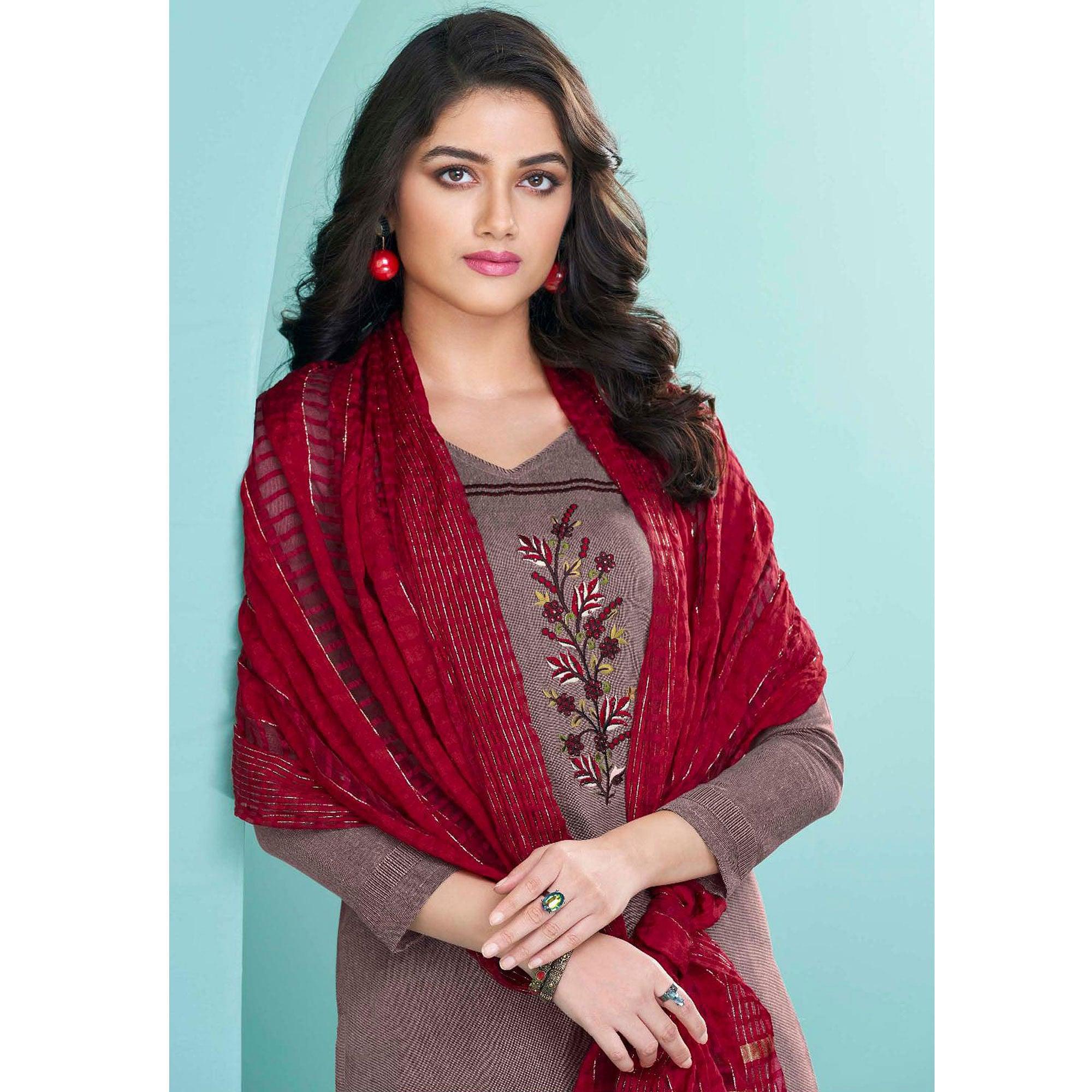 Mauve Embroidered Cotton Kurti Pant Set With Dupatta - Peachmode