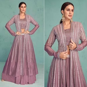Mauve Embroidered Georgette Lehenga Choli With Jacket - Peachmode