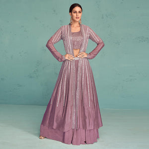 Mauve Embroidered Georgette Lehenga Choli With Jacket - Peachmode