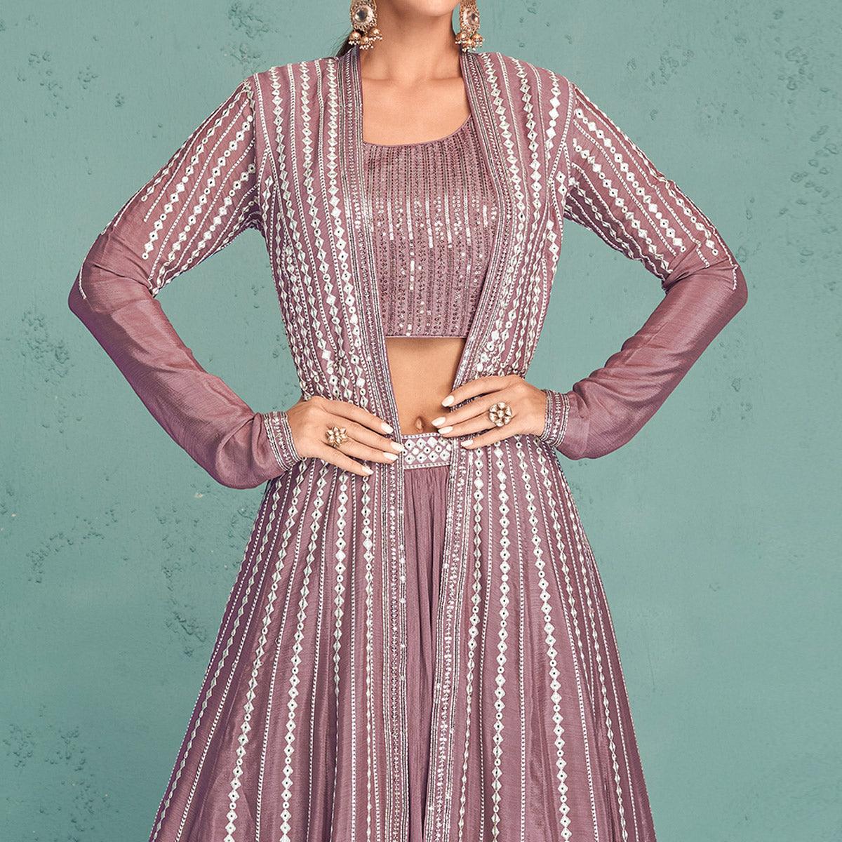 Mauve Embroidered Georgette Lehenga Choli With Jacket - Peachmode