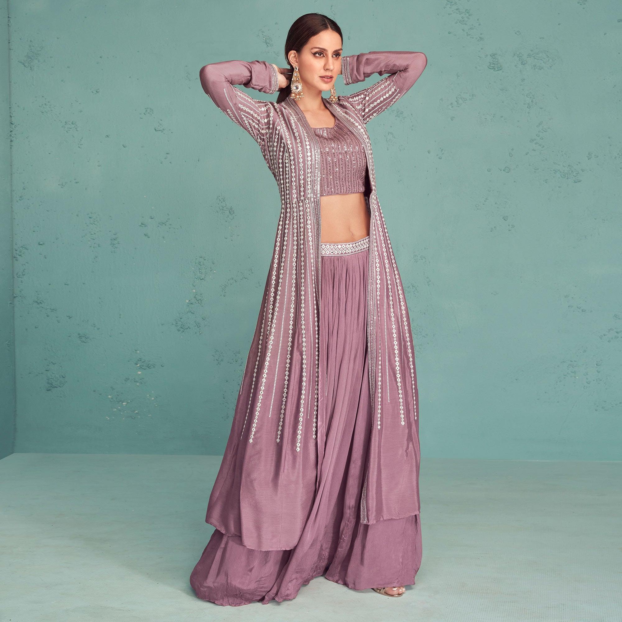 Mauve Embroidered Georgette Lehenga Choli With Jacket - Peachmode