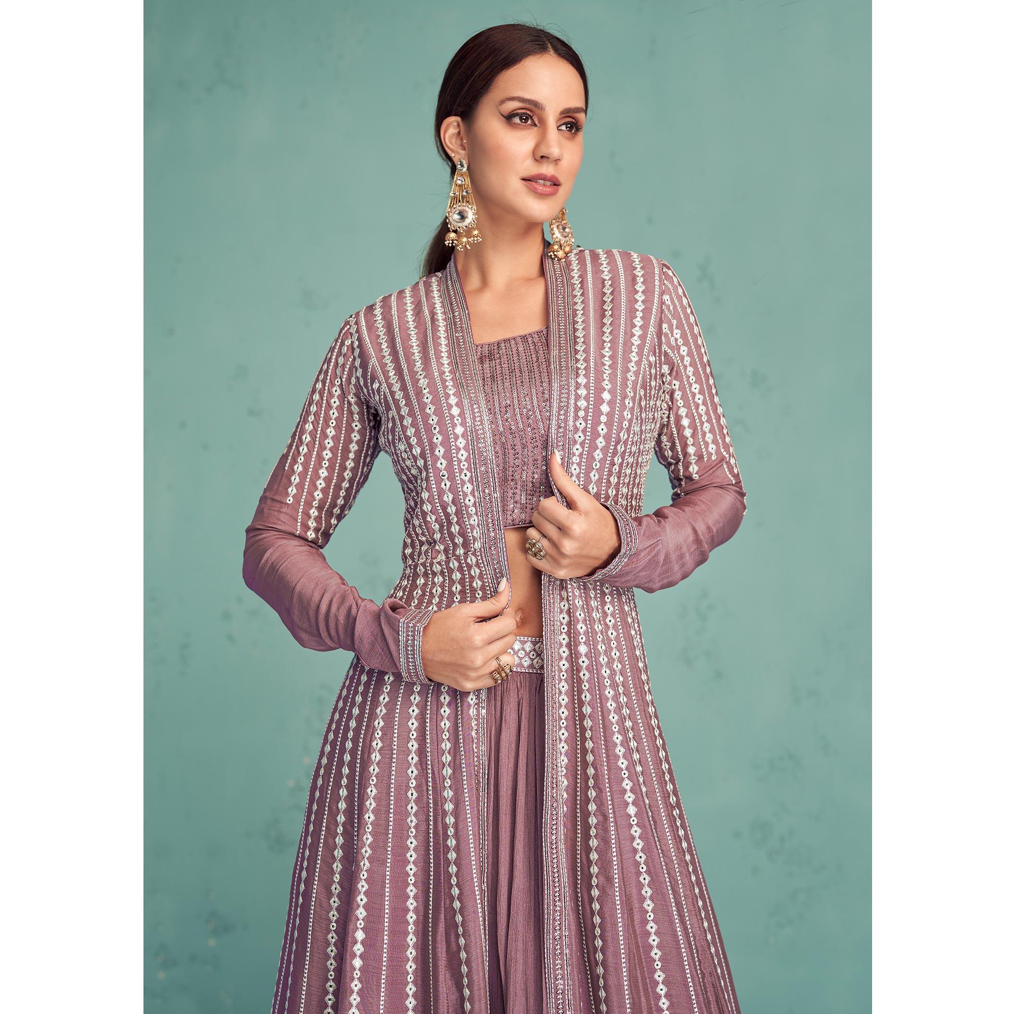 Mauve Embroidered Georgette Lehenga Choli With Jacket - Peachmode