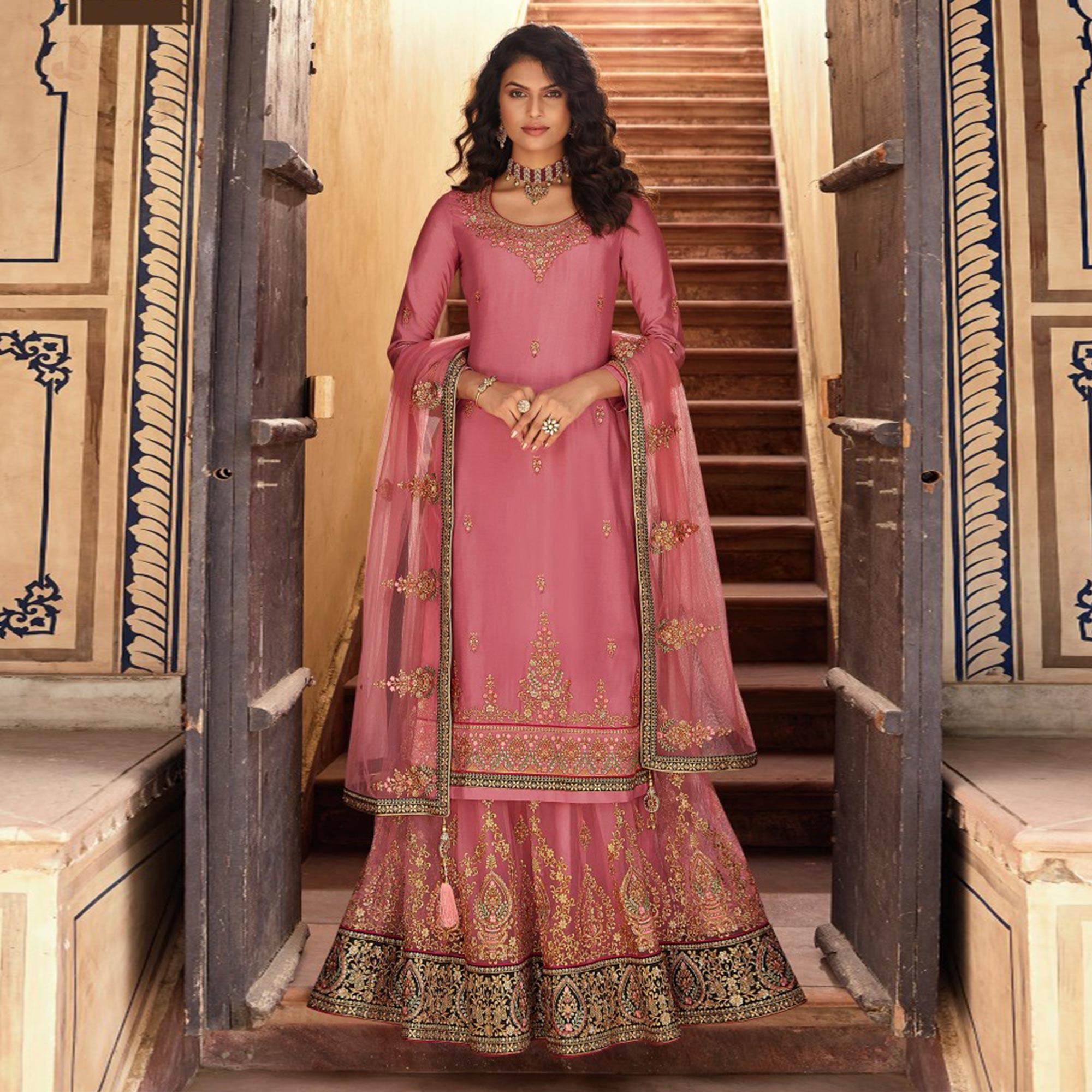 Mauve Embroidered Georgette Lehenga Kameez - Peachmode