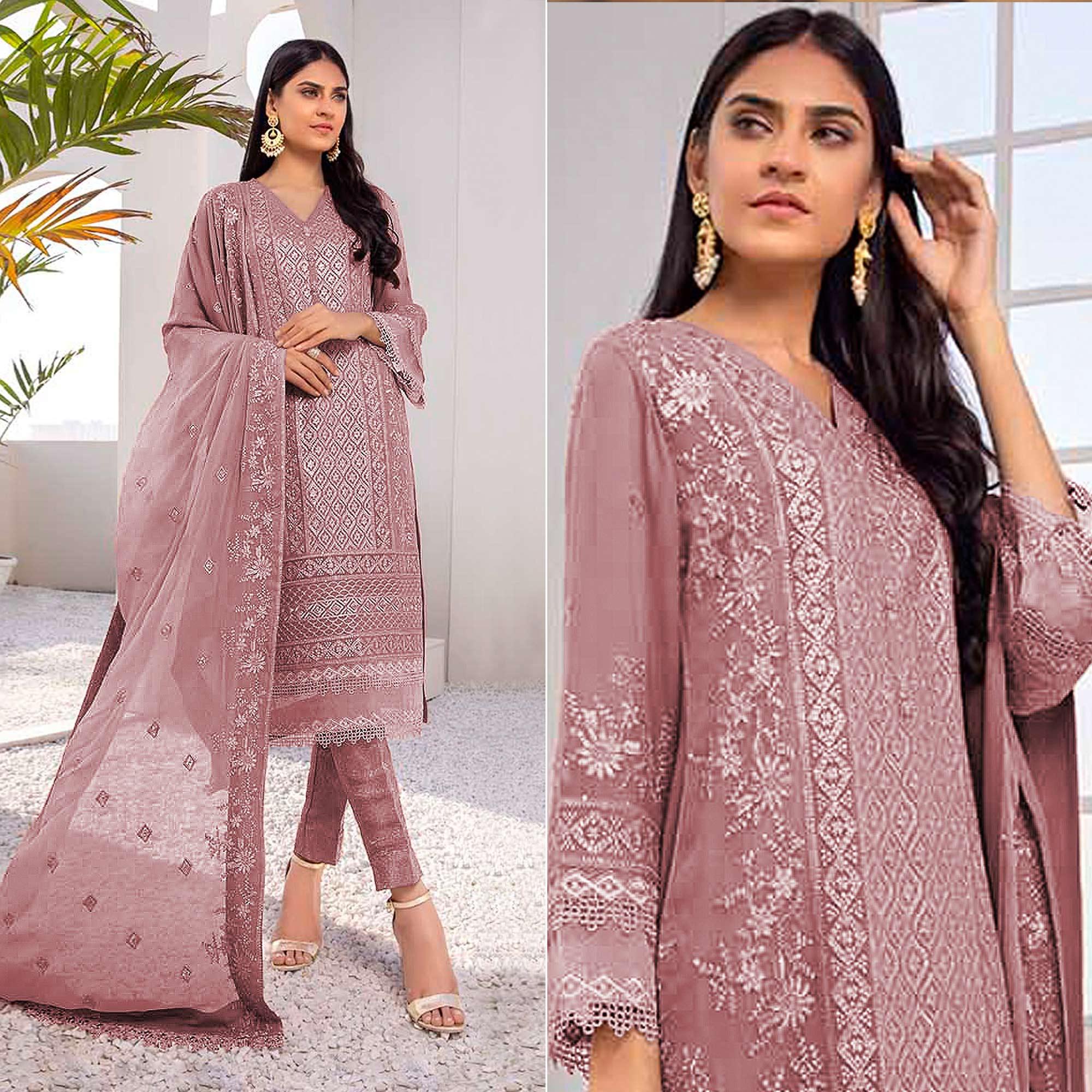 Mauve Embroidered Georgette Pakistani Suit - Peachmode