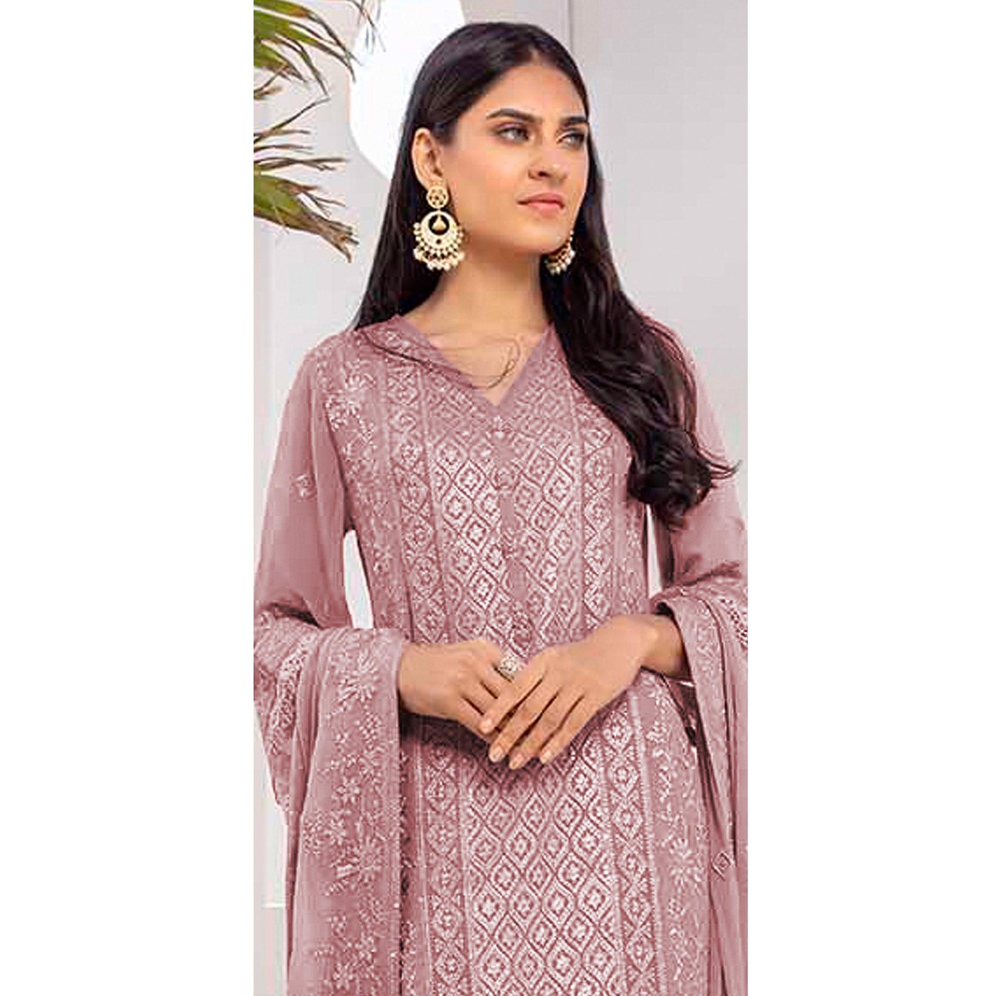 Mauve Embroidered Georgette Pakistani Suit - Peachmode