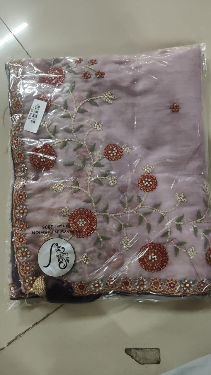 Mauve Embroidered Georgette Saree - Peachmode