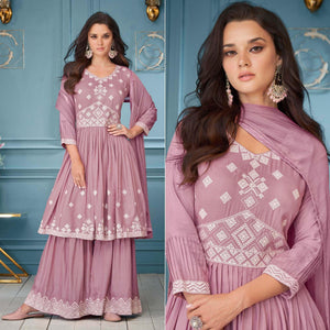 Mauve Embroidered Rayon Sharara Suit - Peachmode