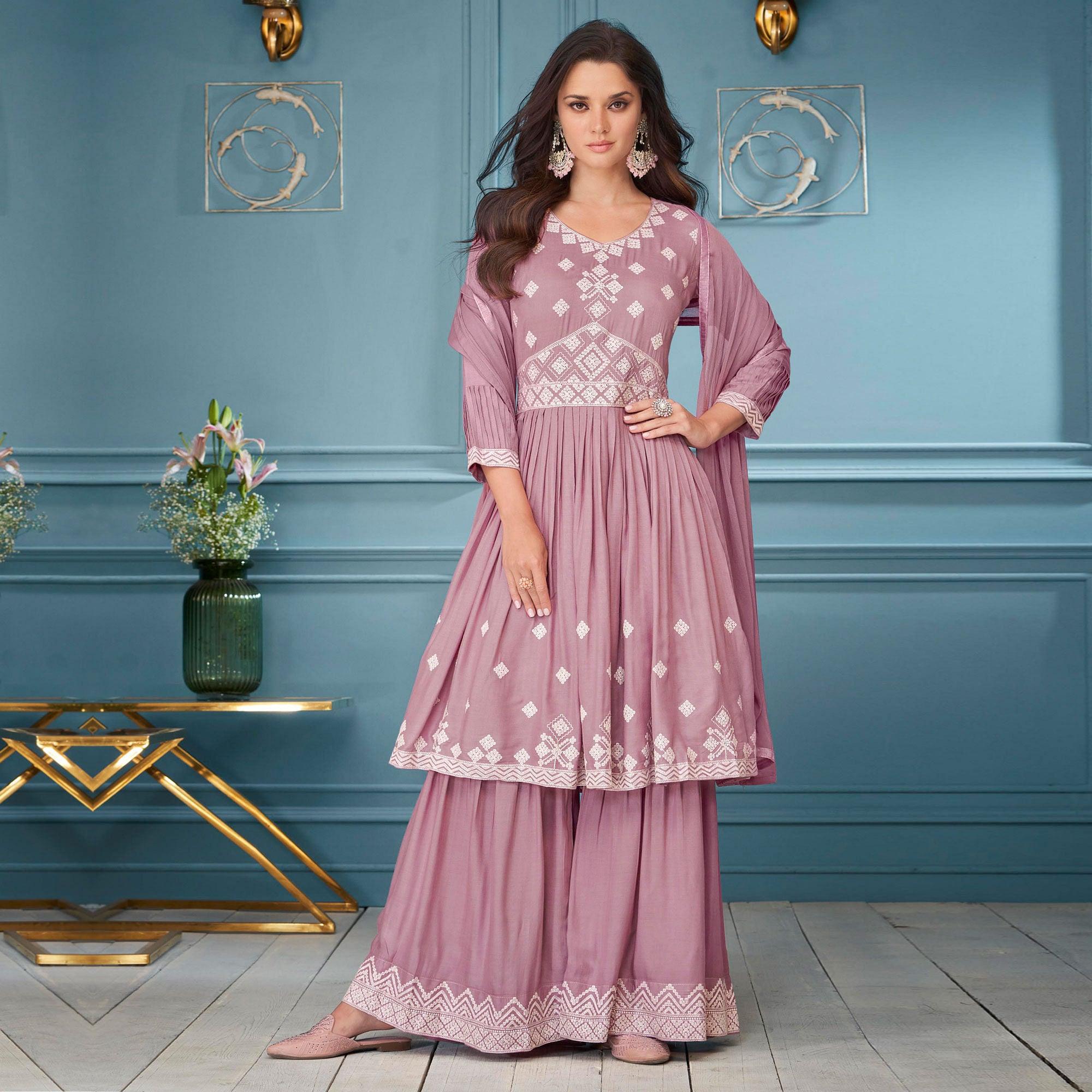 Mauve Embroidered Rayon Sharara Suit - Peachmode