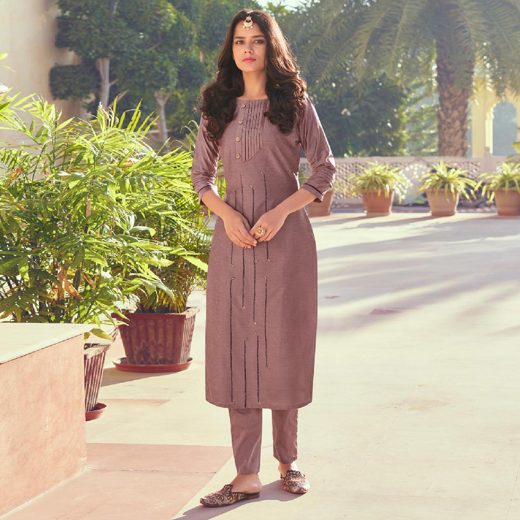 Mauve Embroidered Viscose Kurti Pant Set - Peachmode