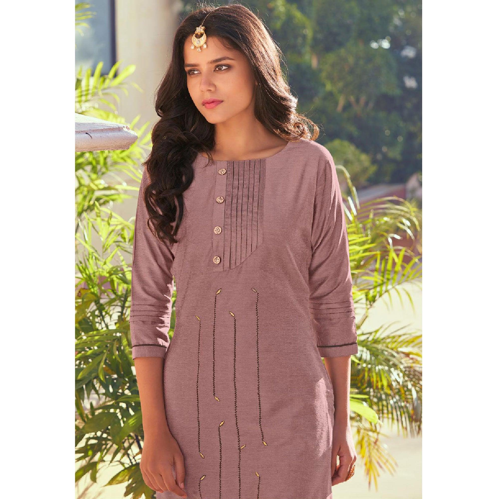 Mauve Embroidered Viscose Kurti Pant Set - Peachmode