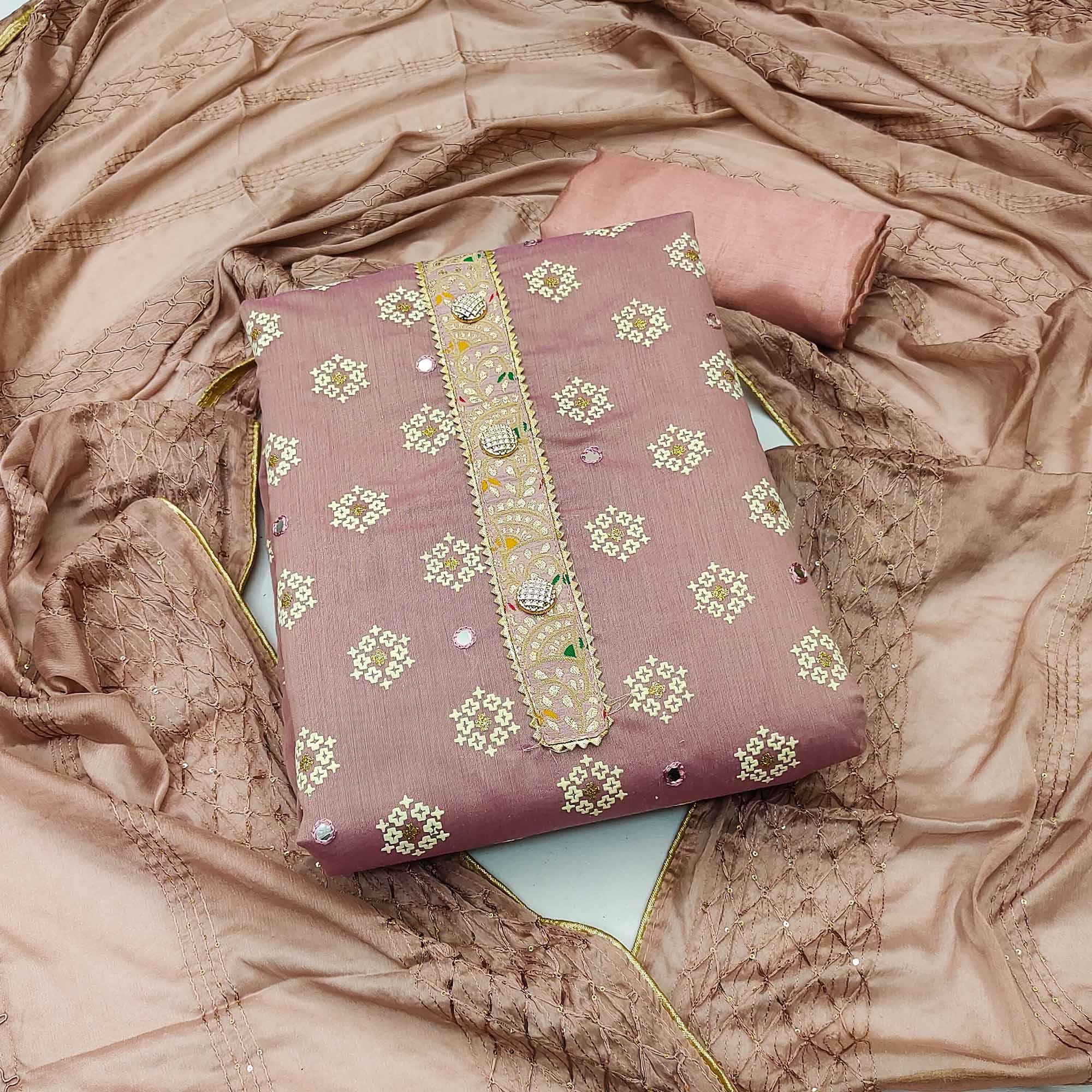 Mauve Embroidered With Mirror Work Chanderi Dress Material - Peachmode