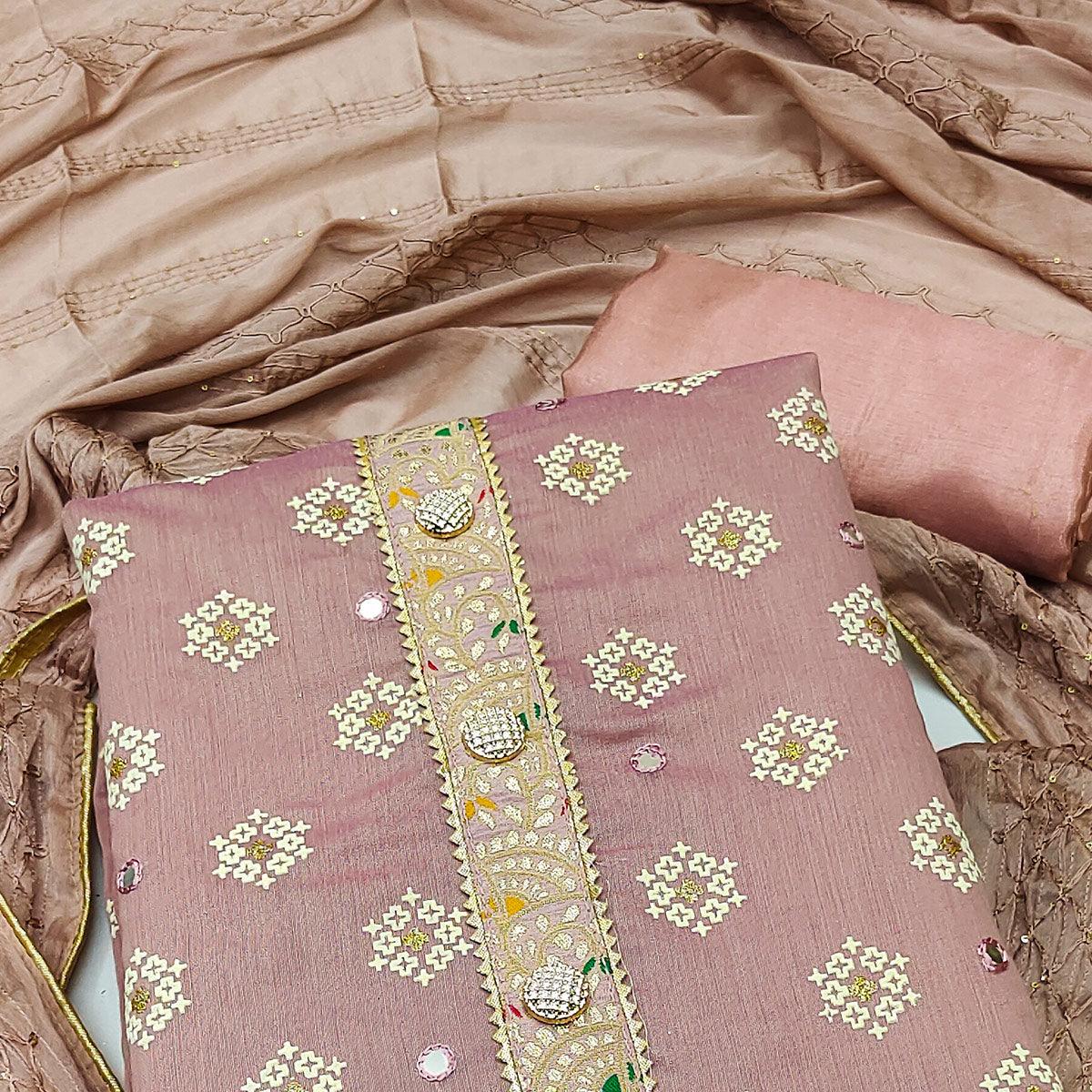 Mauve Embroidered With Mirror Work Chanderi Dress Material - Peachmode