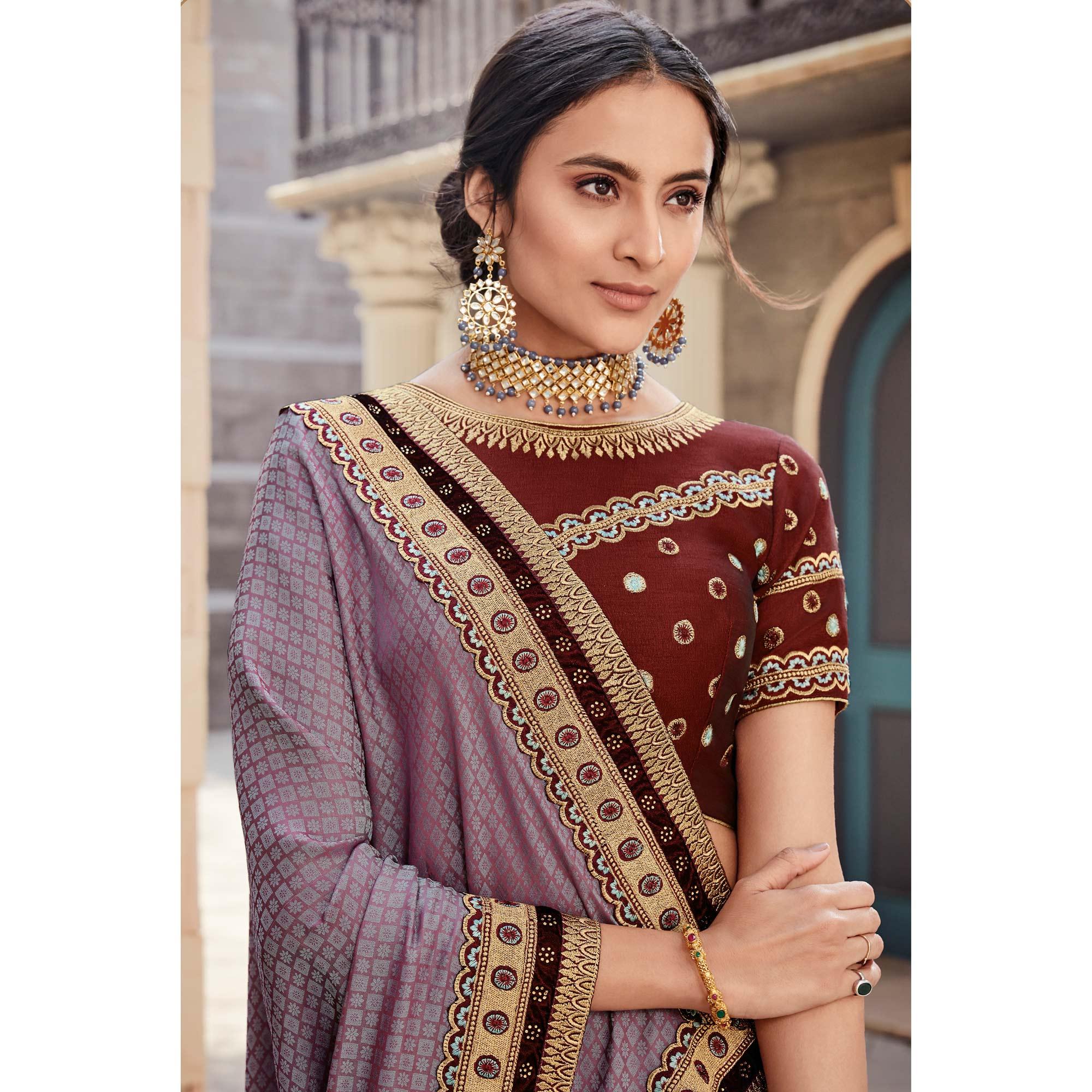 Mauve Festive Wear Embroidered Art Silk Saree - Peachmode