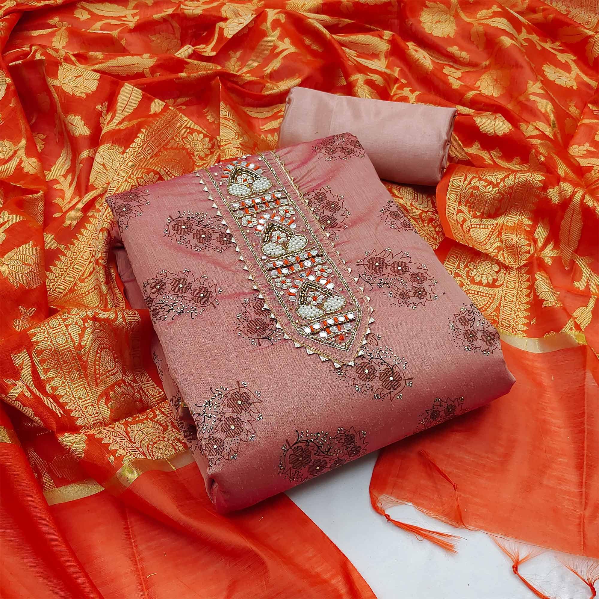 Mauve Festive Wear Embroidered Floral Printed Chanderi Dress Material - Peachmode