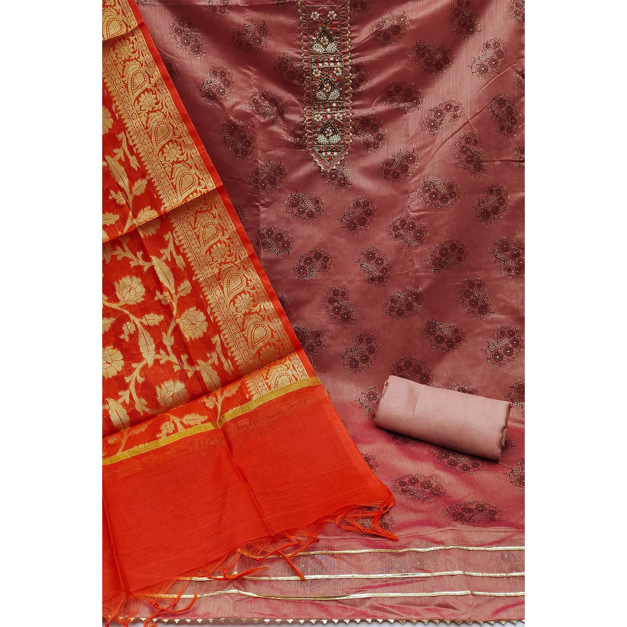 Mauve Festive Wear Embroidered Floral Printed Chanderi Dress Material - Peachmode