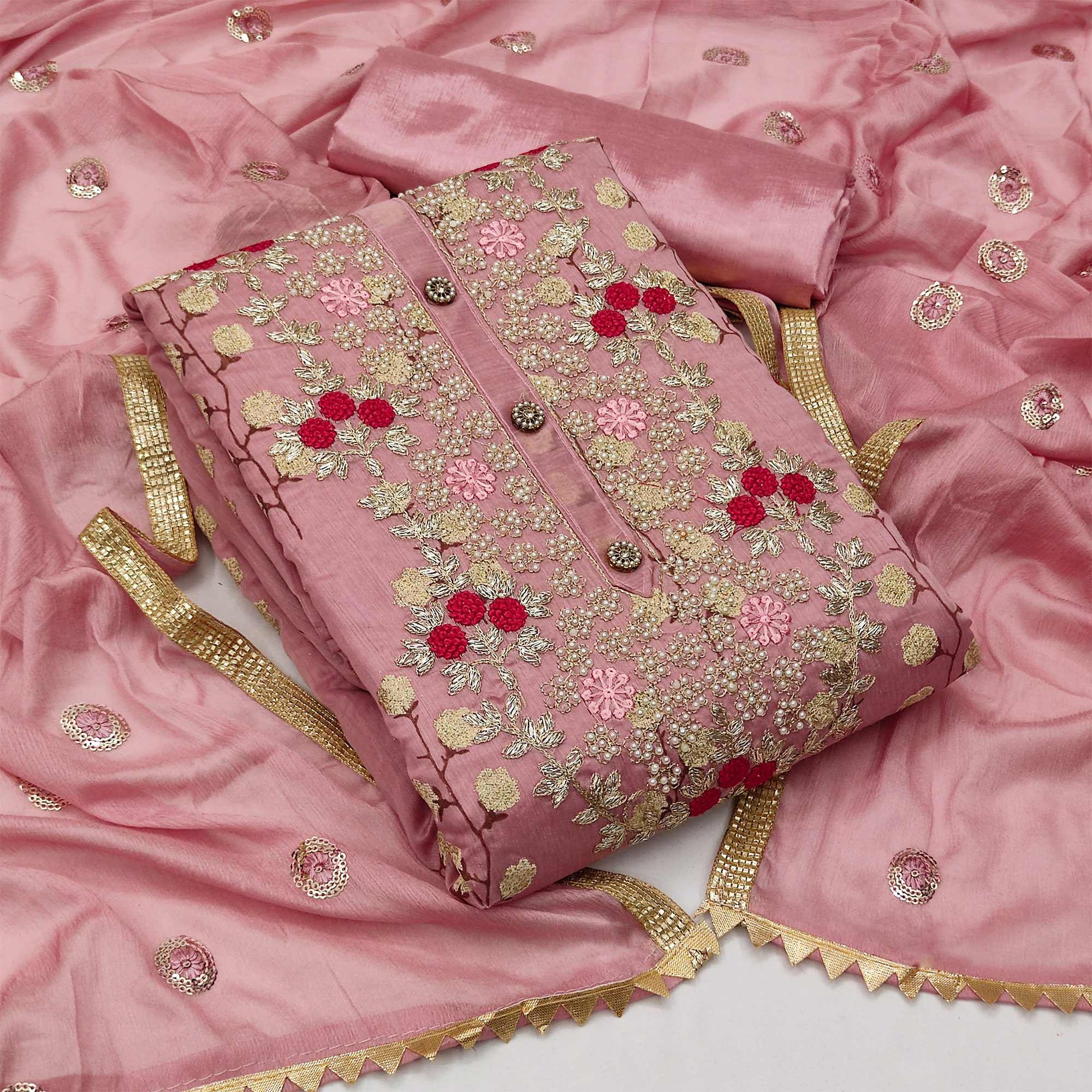 Mauve Festive Wear Embroidered Handwork Fancy Dress Material - Peachmode