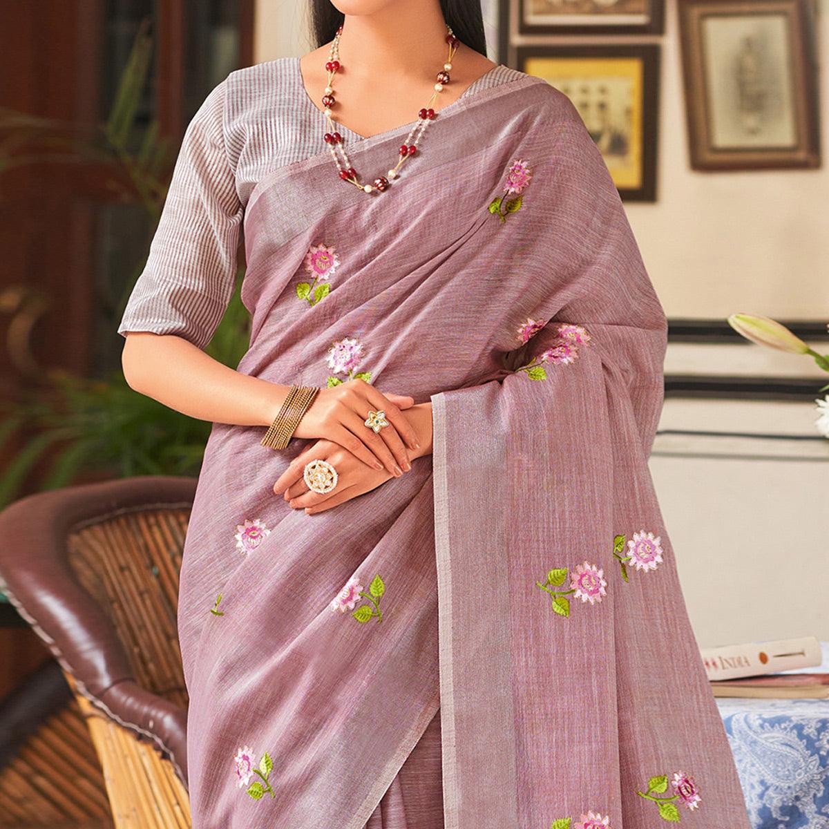 Mauve Festive Wear Embroidered Linen Saree - Peachmode